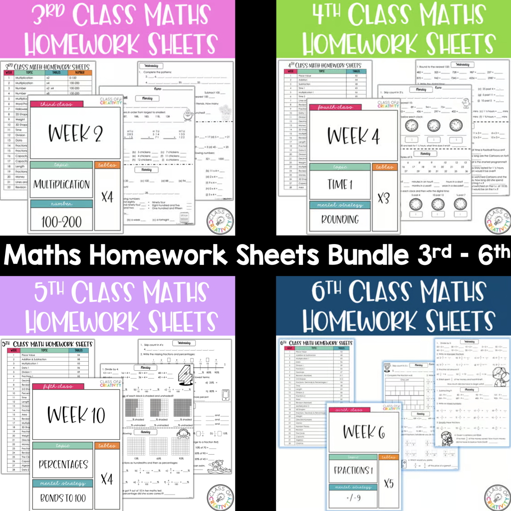 Maths Homework Bundle 3rd,4th,5th,6th