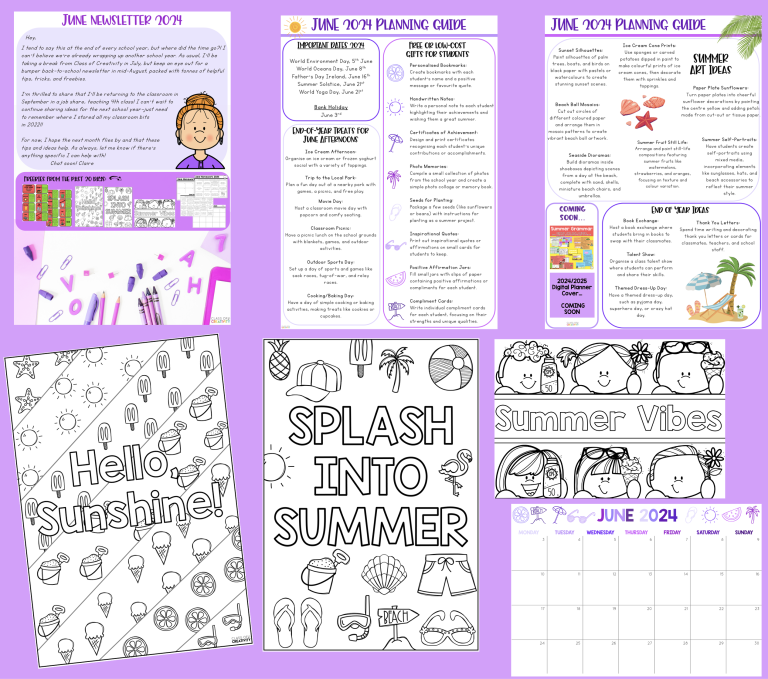 June Planning Guide, Summer Colouring Sheets + June Calendar Grid + Alternative HW Grid + Vocab Game